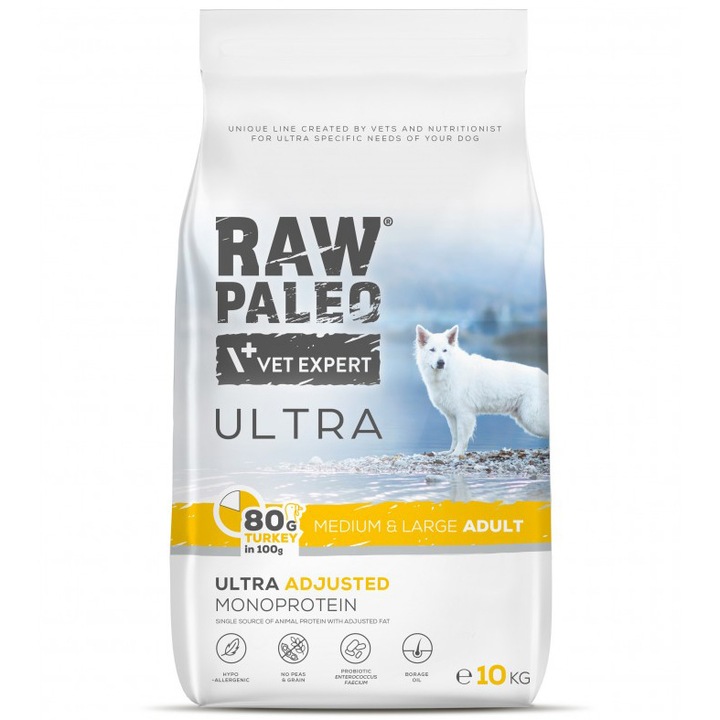 Hrana uscata pentru caini, Adult, Raw Paleo Ultra, Medium&Large, Curcan, 10kg