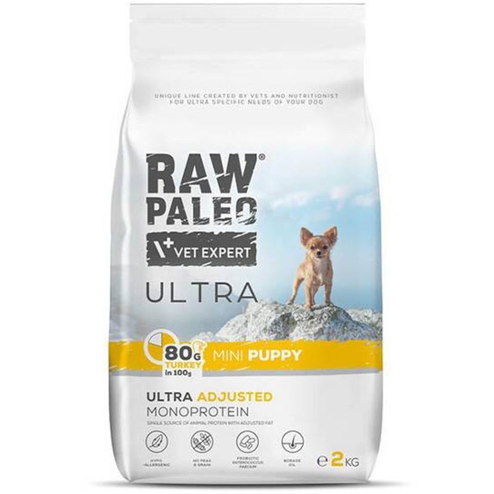 Hrana uscata pentru caini, Puppy, Raw Paleo Ultra, Mini, Curcan, 2kg