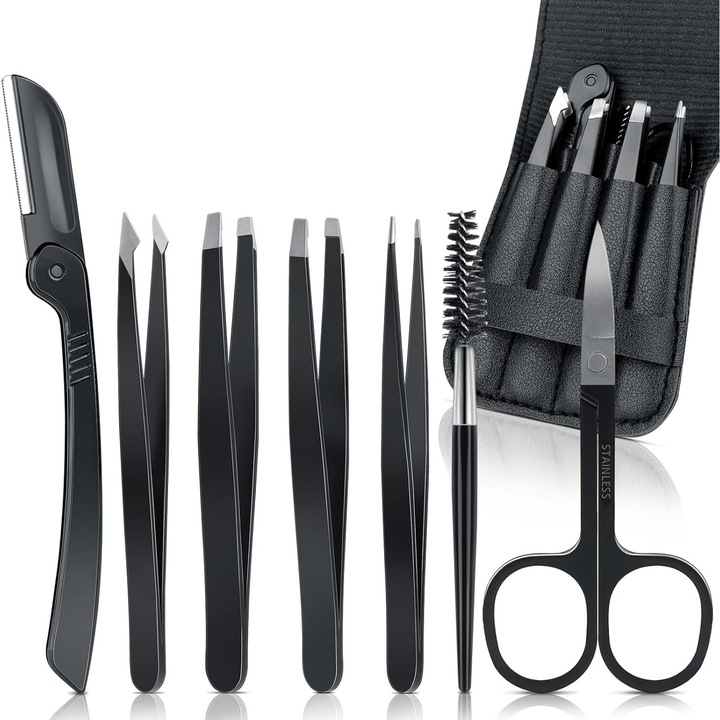 Комплект пинсети 8 части, неръждаема стомана, различни накрайници, кожени калъфи, черни