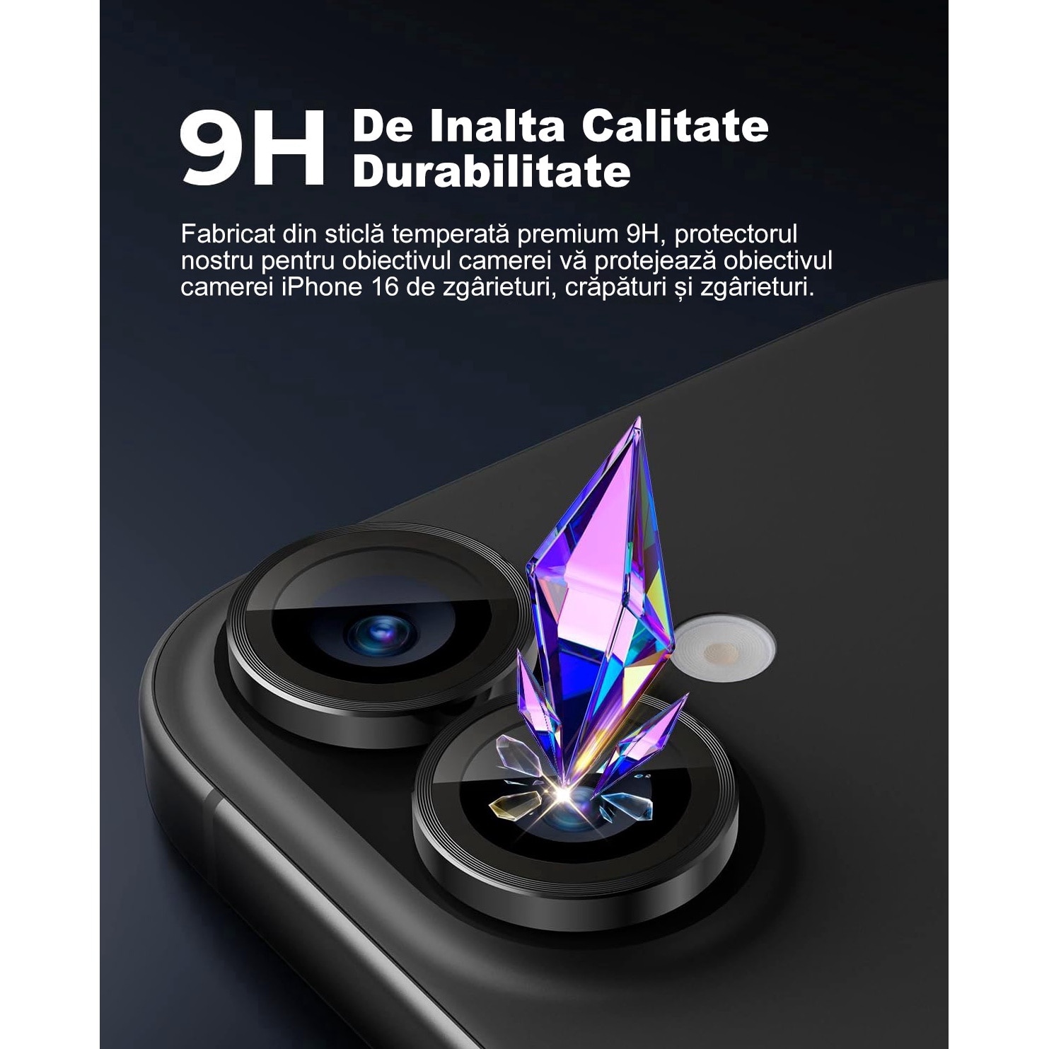 Folie protectie lentila camera MDUG, compatibila iPhone 16/16 Plus, sticla temperata 9H, transparenta, tratament oleofobic, Argintiu