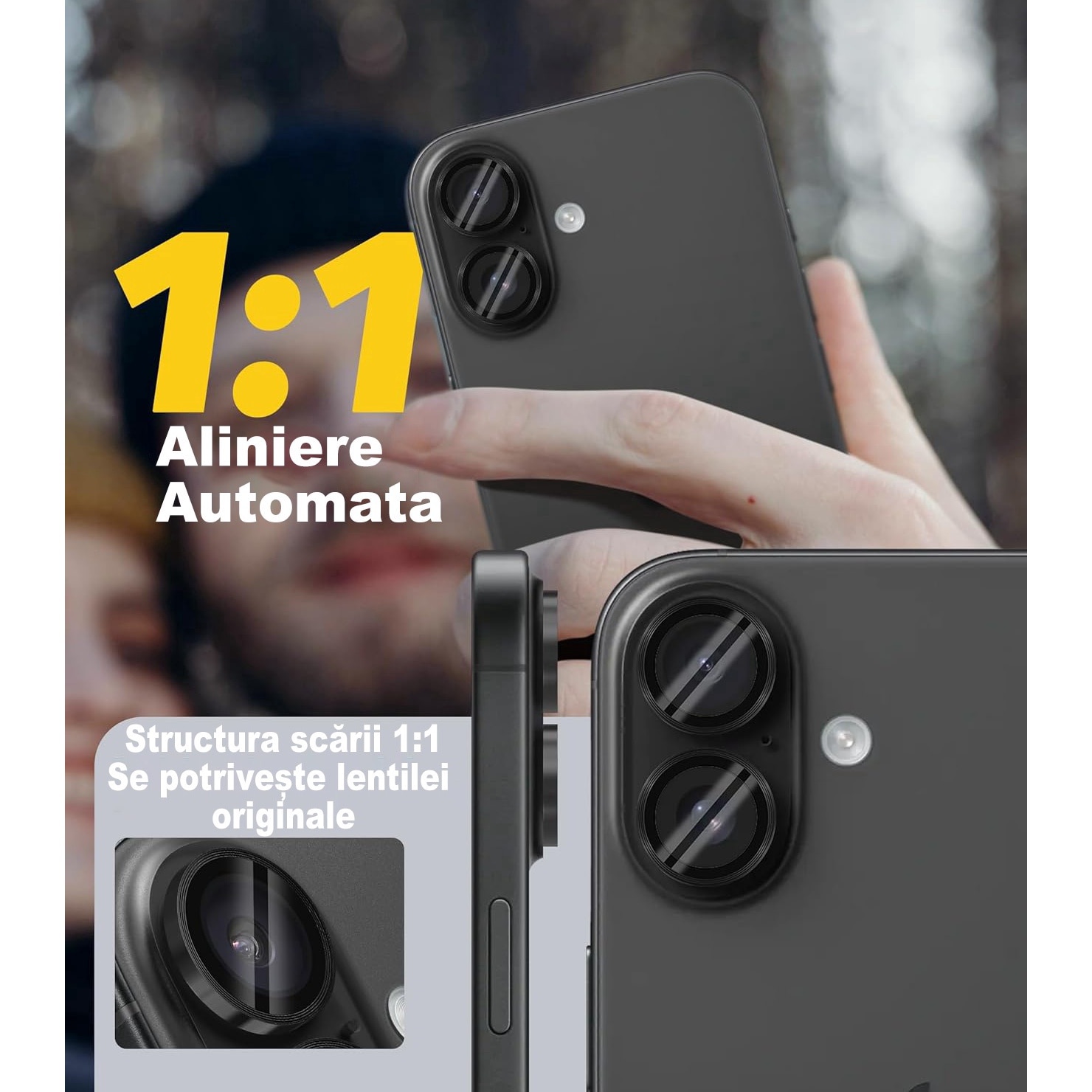 Folie protectie lentila camera MDUG, compatibila iPhone 16/16 Plus, sticla temperata 9H, transparenta, tratament oleofobic, Argintiu