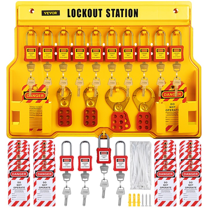Set de Siguranta Lockout Tagout VEVOR, 58 Piese, Statie de Blocare, Lacate si Etichete, Multicolor, 39.37x55.88cm