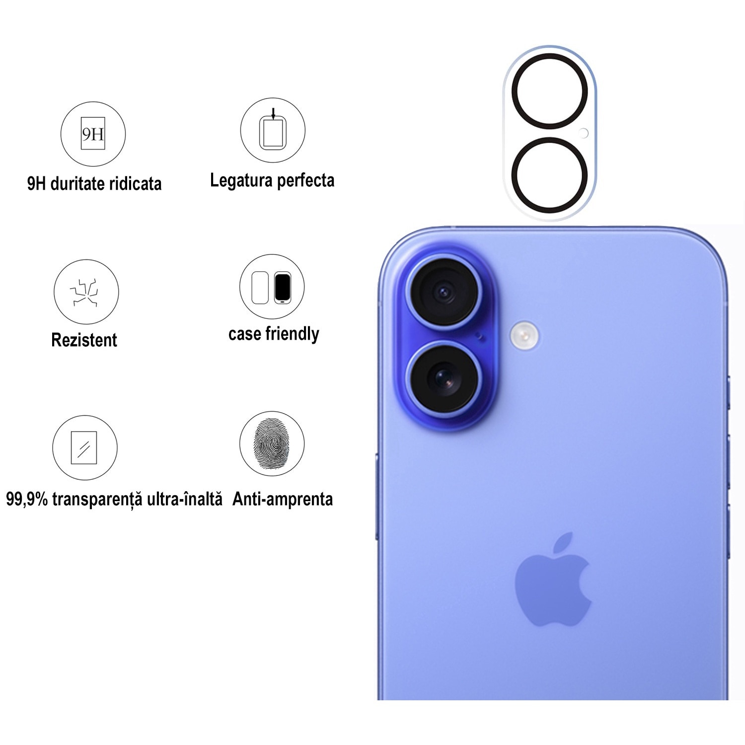 Folie protectie camera foto MDUG, compatibila iPhone 16/iPhone 16 Plus, sticla temperata 9H, rezistenta la zgarieturi, transparenta, Alb-Negru