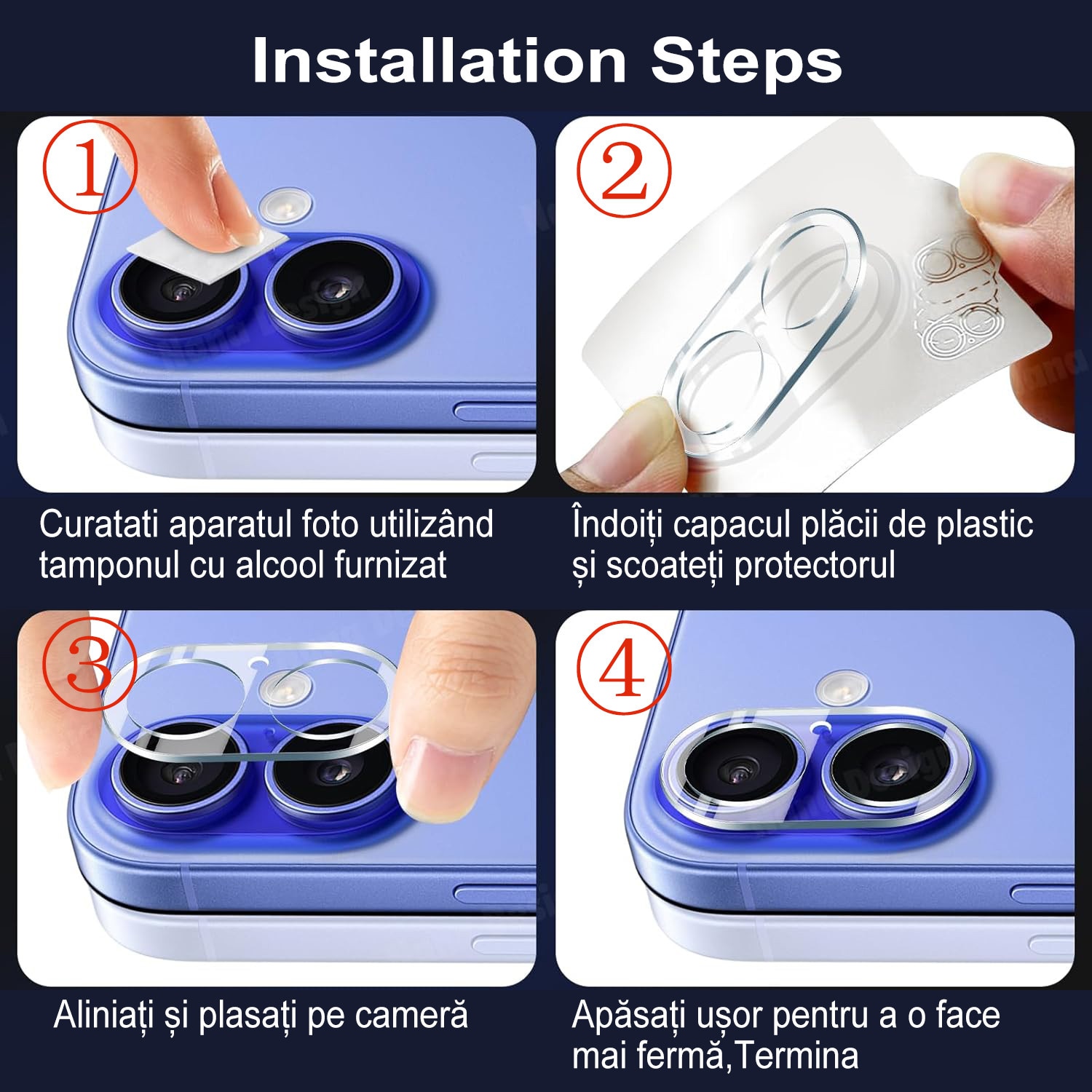 Folie protectie camera foto MDUG, compatibila iPhone 16/iPhone 16 Plus, sticla temperata 9H, rezistenta la zgarieturi, transparenta, Alb-Negru