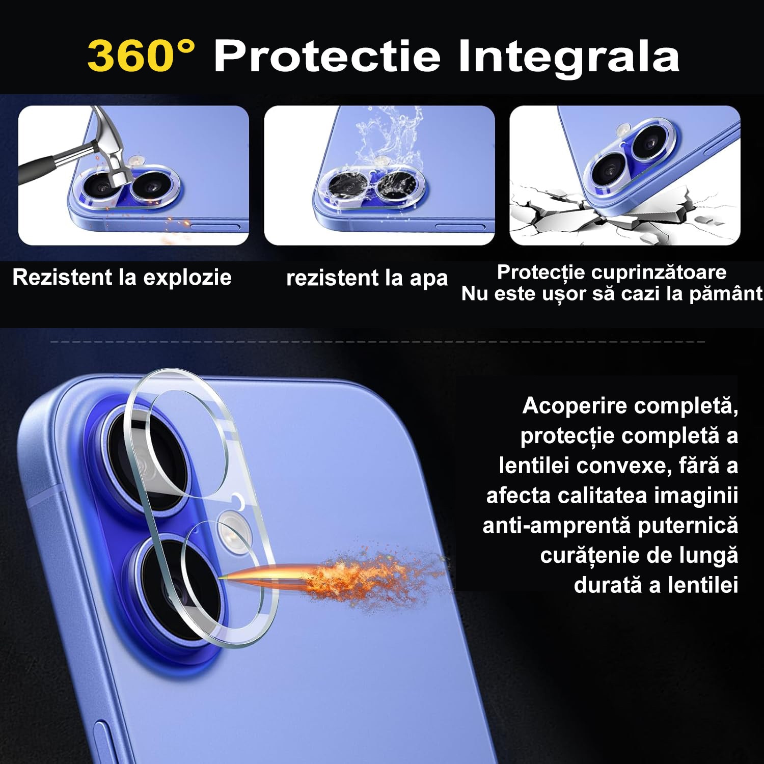 Folie protectie camera foto MDUG, compatibila iPhone 16/iPhone 16 Plus, sticla temperata 9H, rezistenta la zgarieturi, transparenta, Alb-Negru