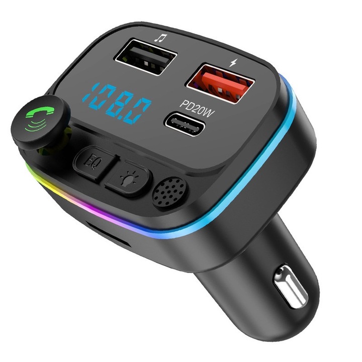FM модулатор за кола с Bluetooth 5.0, MP3 плейър, комплект за свободни ръце за кола, FM трансмитер с функция за зарядно за кола, бързо зареждане през USB Type-C / USB 4.8A, LED дисплей, околна светлина, черен
