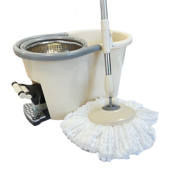 Set galeata cu pedala si mop rotativ PAA-home®, coada mop metal telescopica, 360 grade rotatie mop, cos stoarcere inox, 2 rezerve mop rotunde, culoare crem
