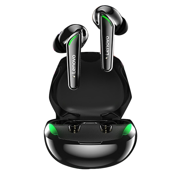Безжични слушалки Lenovo XT92, bluetooth 5.1, IPX7, power bank, дълбок бас, гласово управление, LED, 40 м обхват, функция за намаляване на шума, USB-C, черно/зелено