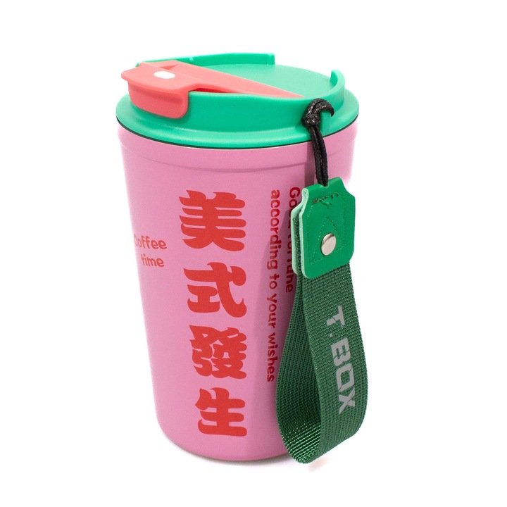 Cana termos pentru cafea, otel inoxidabil, 380ml, roz cu verde