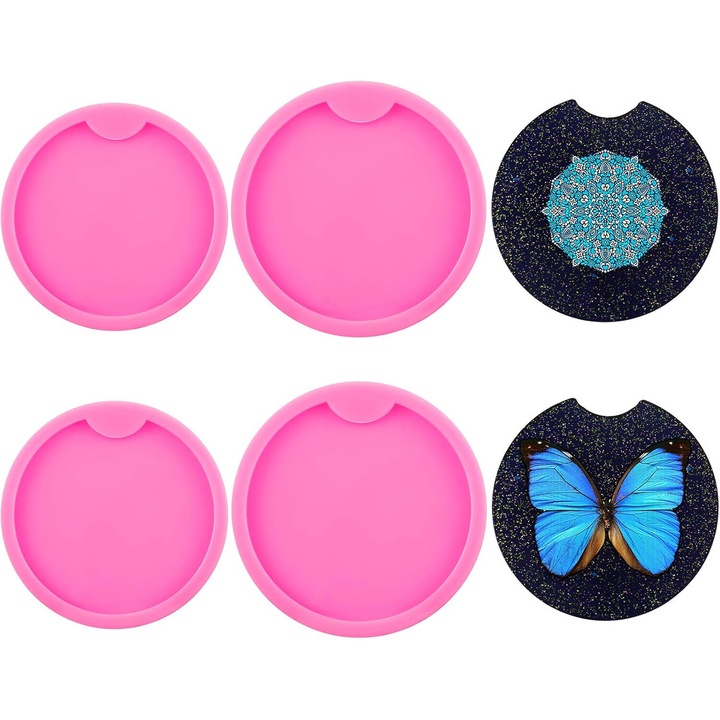 Set 4 Matrite Silikon Rotunde pentru Coastere, 6cm si 8cm, Arta din Rasina, Decorare Acasa, Roz