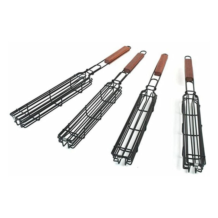 Grill szerszámkészlet, Enforose, rozsdamentes acél grillkosarak, hosszú fa fogantyúk, 4 darab
