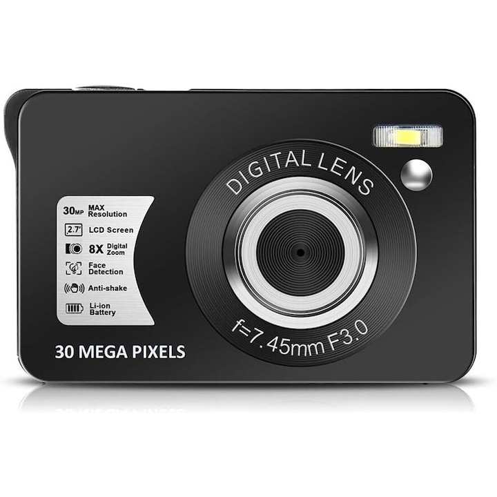 Camera digitala, echipata cu trepied, 1080p, zoom 4x, recunoastere zambet, camere duale fata si spate, baterie incorporata, durata de viata a bateriei, alb