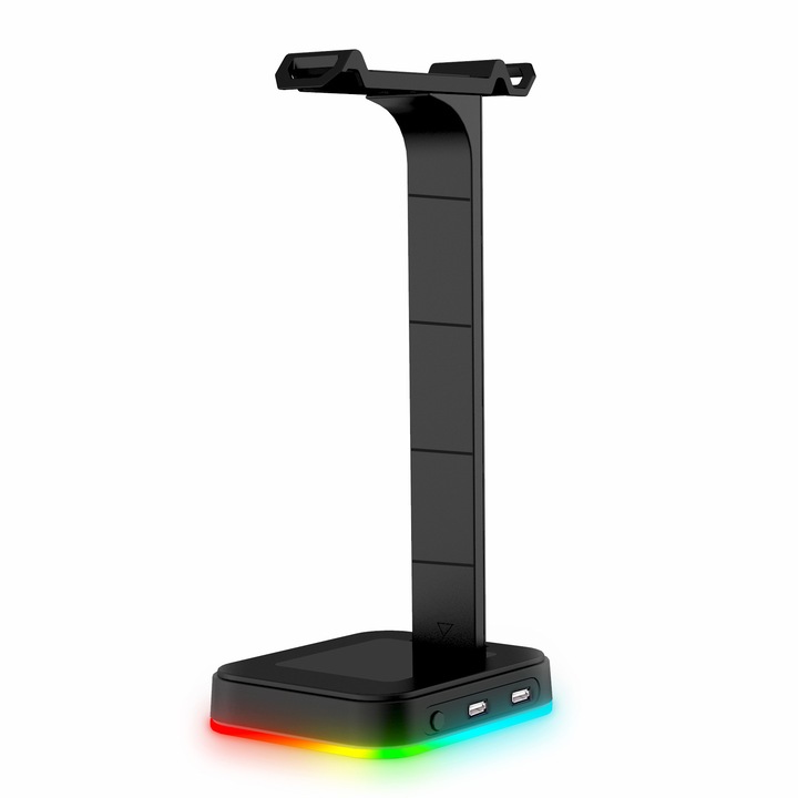 Gaming fejhallgató tartó, RGB világítás érintéses állítással, 2 USB port, csúszásgátló talp, univerzális méretek