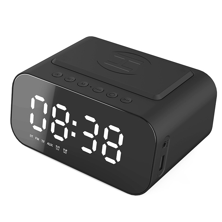 Ceas decorativ Zeaicos 3 in 1 cu incarcare wireless, difuzor LED, radio FM, 5W, multicolor