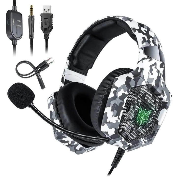 Casti gaming cu microfon pentru PC/PS4, ONIKUMA, Camuflaj alb