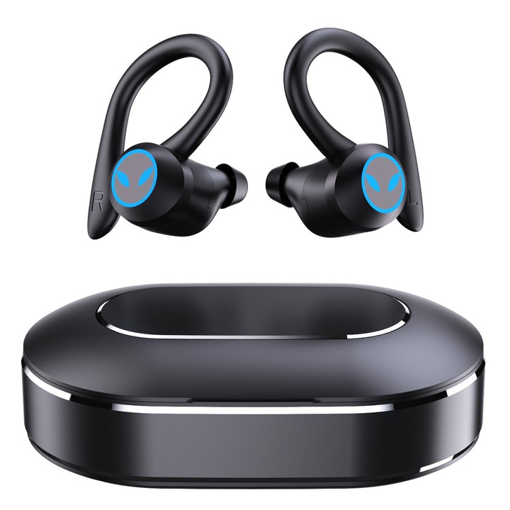 Vezeték nélküli sport fülhallgató, Bluetooth 5.1, vízálló, 42 óra üzemidő, fekete