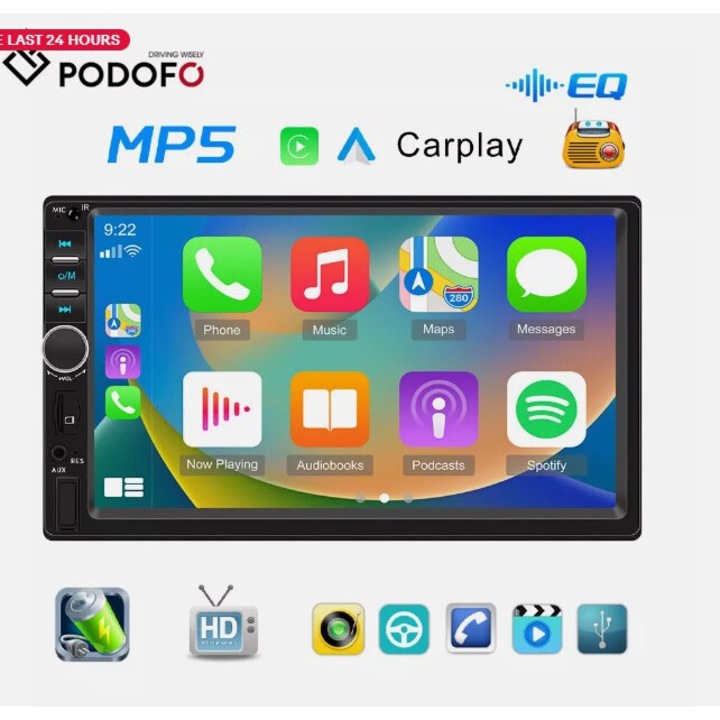 Autórádió 7", 7018B modell, Bluetooth, Carplay, 12V