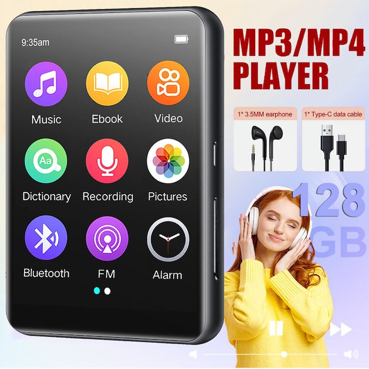 MP3 lejátszó Bluetooth 5.0, 128 GB, 2,4 hüvelykes érintőképernyő, hangfelvétel, többszínű