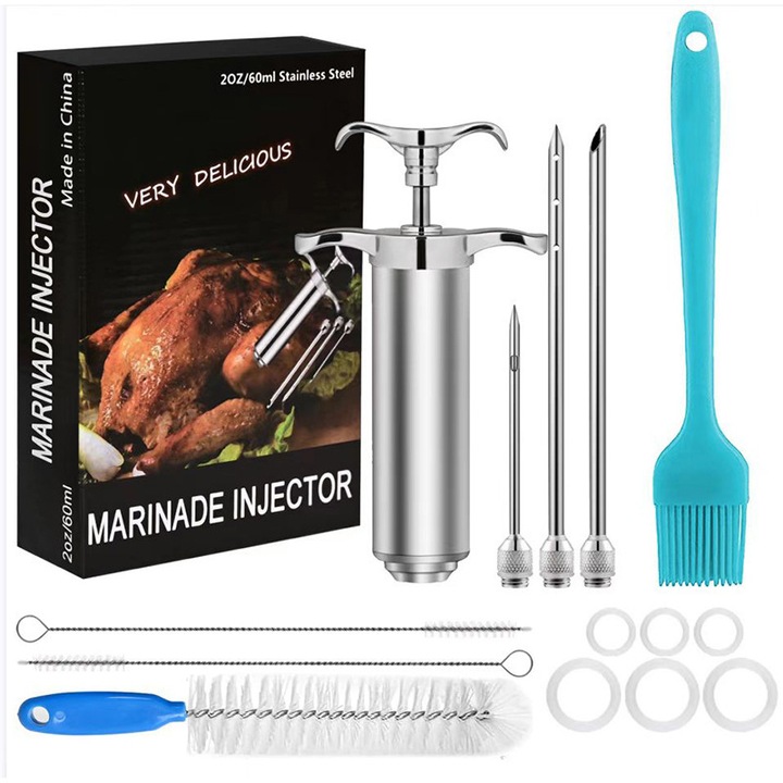 Set seringa marinare carne cootway, 3 ace, 2 perii curatare, 1 perie silicon, inox, 60ml, Argintiu