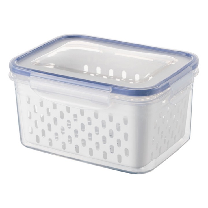 Set 3 Cutii Alimentare Enforose cu Capac si Colander, Transparenta cu Albastru, Dimensiuni: 15x11x8cm, 18x13x10cm, 22x16x12cm