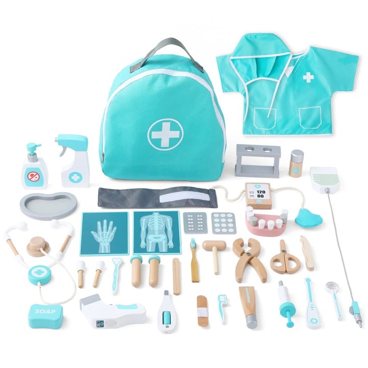 Set medical Deluxe din lemn, UMU Toys, turcoaz, 36 piese, stetoscop, tensiometru, trusa completa, de la 3 ani
