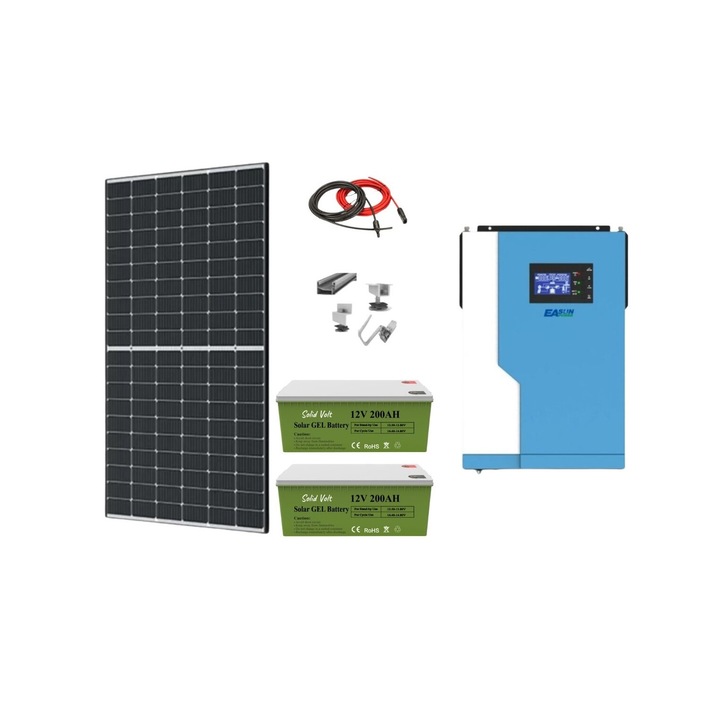 Sistem solar off grid kit complet 3 kw instalat panouri fotovoltaice 3000W cu baterii cu gel 200Ah si invertor HIBRID EASUN SML 3, 5 kw continuu/7 kw varf pe 24V, panou solar, casa, cabana, containere, Solid Volt