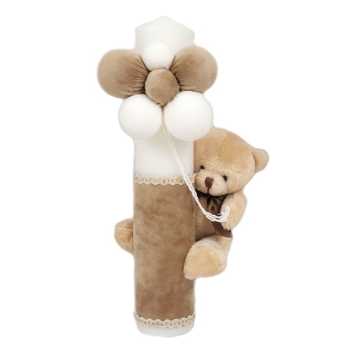 Lumanare botez, model Ursulet cu Baloane, culoare crem