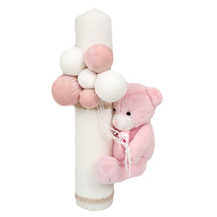 Lumanare botez, model Ursulet cu Baloane, culoare roz