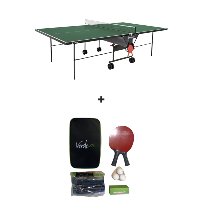 Set Masa tenis Sponeta S1-12e, exterior, pliabila, verde cu fileu si Accesorii- husa/cutie de purtare cu 2 palete, 6 mingi, 1 fileu suplimentar, 4 mm, suporti laterali de prindere palete si mingi