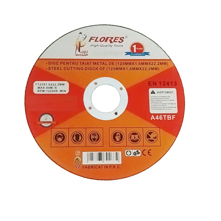 Disc de taiere metal, pentru polizor unghiular, 12200 rpm, 1.6 mm grosime, diametru 125 mm, alezaj de 22.2 mm, max. 80m/s 125 mm 1.6 mm