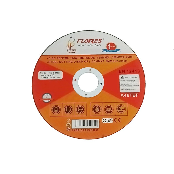 Disc de taiere metal, pentru polizor unghiular, 12200 rpm, diametru 125 mm, 1.2 mm grosime, alezaj de 22.2 mm, max. 80m/s 125 mm 1.6 mm