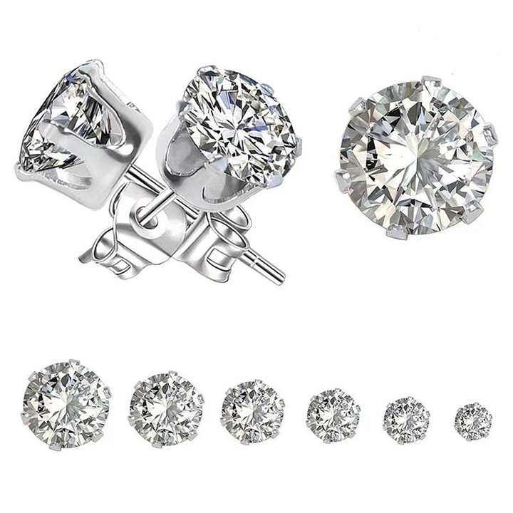 6 db-os fülbevaló szett, cirkónia, rozsdamentes acél 316L, 3x8mm, ezüst