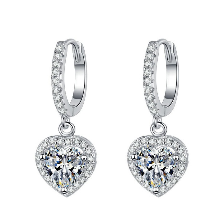 Cercei cu forma de inima, zirconiu sintetic, cupru, eleganti, argintiu