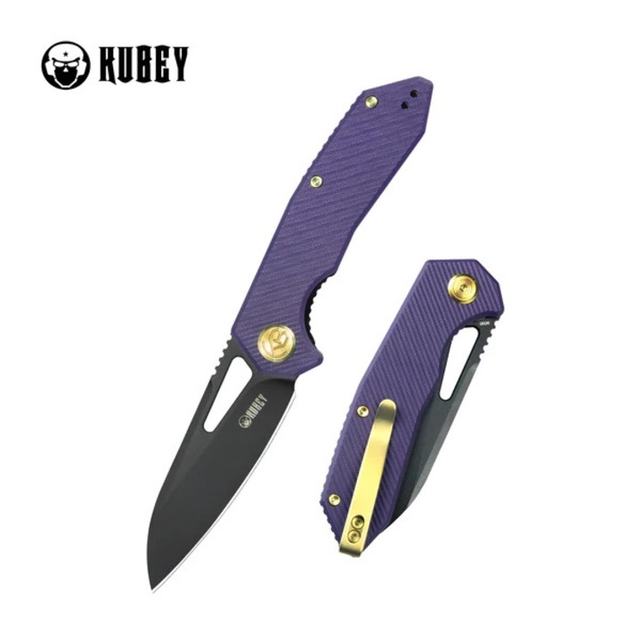 Cutit pliabil Kubey Vagrant, G10, Black Stonewashed M390 by Maksim Tkachuk, 9.5x2.5cm, violet/auriu