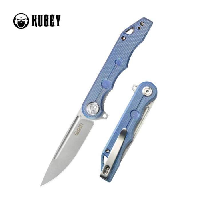 Cutit pliabil Kubey Mizo Blue Micarta, AUS-10 cu margele sablate de Tiguass (KU312O)