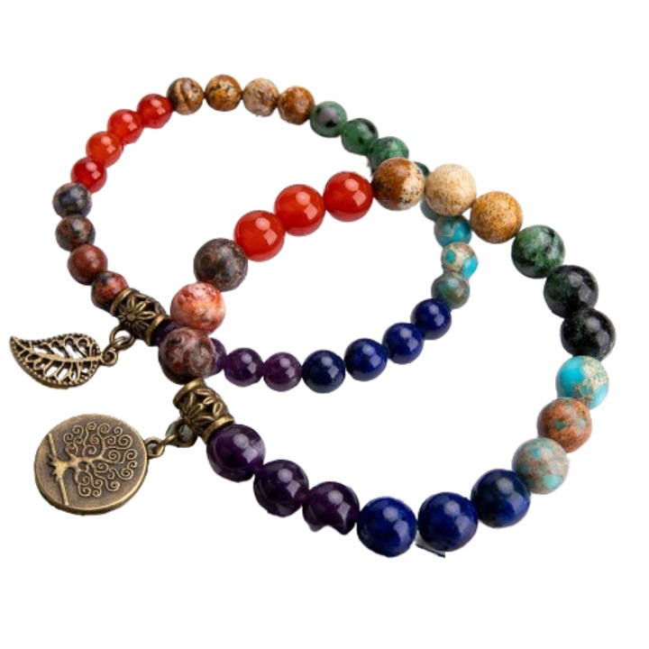 Bratara dubla 7 chakra cu pietre semipretioase naturale cu pigment de culoare de 6 mm – Bratara pentru meditatie