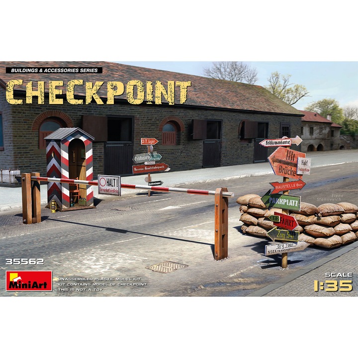 Accesorii diorama, MiniArt, Checkpoint 1:35, cu bariera si accesorii de trafic, scara 1:35