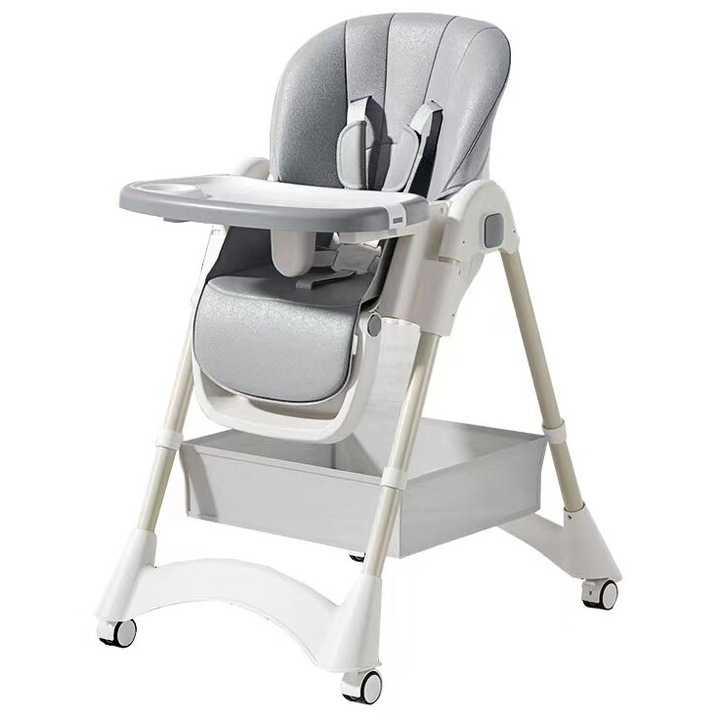 KinderVIBE® Сгъваем стол-маса за бебета и деца, 6 месеца +, 4 Backrest Tilt Positions, Stable, 5-Point Safety Belt, Height Adjustable, Adjustable and Removable Tray, Storage Space, Non-Slip Feet, Lockable Wheels, Light Gray