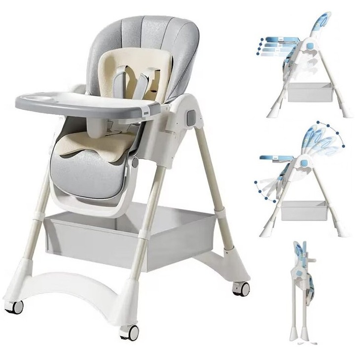 Scaun de Masa Pliabil pentru Bebelusi si Copii KinderVIBE®, 6 Luni +, 4 Pozitii inclinare Spatar, Stabil, Centura de Siguranta 5 Puncte, Ajustabil pe Inaltime, Tavita Reglabila si Detasabila, Loc depozitare, Picioare Antiderapante, Roti blocabile, Gri Fad