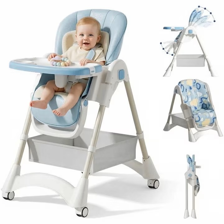 KinderVIBE® Сгъваем стол-маса за бебета и деца, 6 месеца +, 4 позиции на накланяне на облегалката, стабилен, 5-точков предпазен колан, регулируема височина, регулируема и подвижна табла, място за съхранение, неплъзгащи се крачета, колела, син