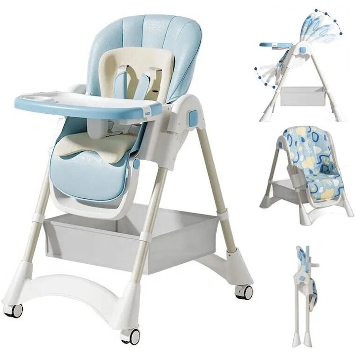 Scaun de Masa Pliabil pentru Bebelusi si Copii KinderVIBE®, 6 Luni +, 4 Pozitii inclinare Spatar, Stabil, Centura de Siguranta 5 Puncte, Ajustabil pe Inaltime, Tavita Reglabila si Detasabila, Loc depozitare, Picioare Antiderapante, Roti, Albastru Fad