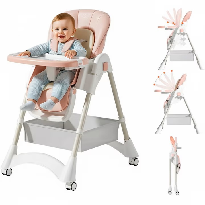 KinderVIBE® Сгъваем стол за маса за бебета и деца, 6 месеца +, 4 Backrest Tilt Positions, Stable, 5-Point Safety Belt, Height Adjustable, Adjustable and Removable Tray, Storage Space, Anti-Slip Feet, Lockable Wheels, Pale Pink