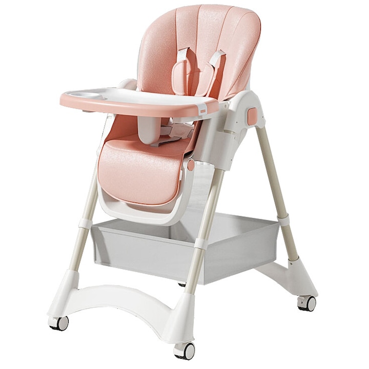 KinderVIBE® Сгъваем стол за маса за бебета и деца, 6 месеца +, 4 Backrest Tilt Positions, Stable, 5-Point Safety Belt, Height Adjustable, Adjustable and Removable Tray, Storage Space, Anti-Slip Feet, Lockable Wheels, Pale Pink