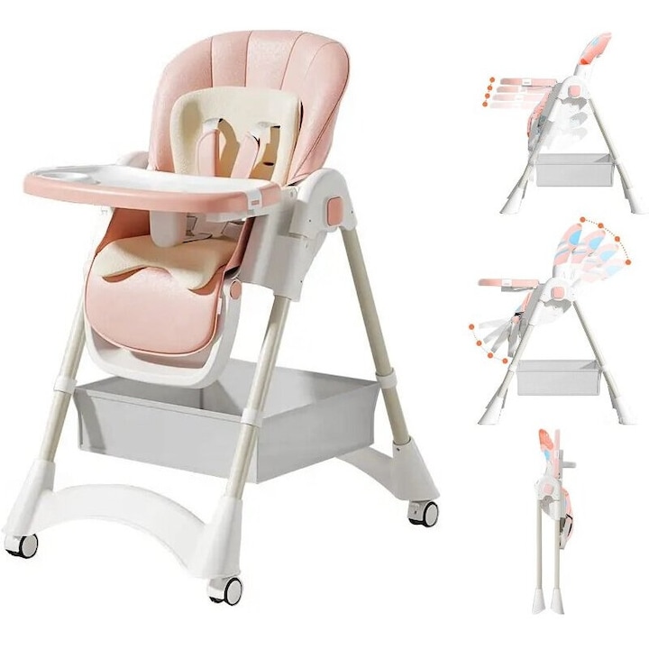 Scaun de Masa Pliabil pentru Bebelusi si Copii KinderVIBE®, 6 Luni +, 4 Pozitii inclinare Spatar, Stabil, Centura de Siguranta 5 Puncte, Ajustabil pe Inaltime, Tavita Reglabila si Detasabila, Loc depozitare, Picioare Antiderapante, Roti blocabile, Roz Fad