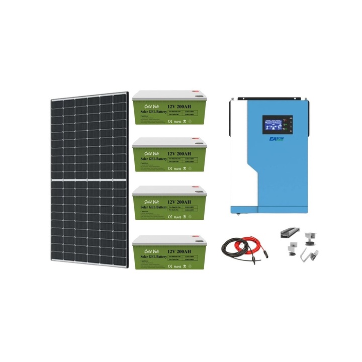 Sistem solar off grid kit complet 5 kw instalat panouri fotovoltaice 5000W cu baterii cu gel 200Ah si invertor HIBRID EASUN SML 5, 5 kw continuu/11 kw varf pe 48V, panou solar, casa, cabana, containere, Solid Volt