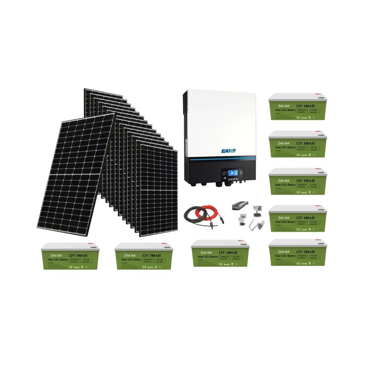 Sistem solar off grid kit complet 8 kw instalat panouri fotovoltaice 8000W cu baterii cu gel 100Ah si invertor HIBRID EASUN SMW 8 kw continuu/16 kw varf pe 48V, panou solar, casa, cabana, containere, Solid Volt