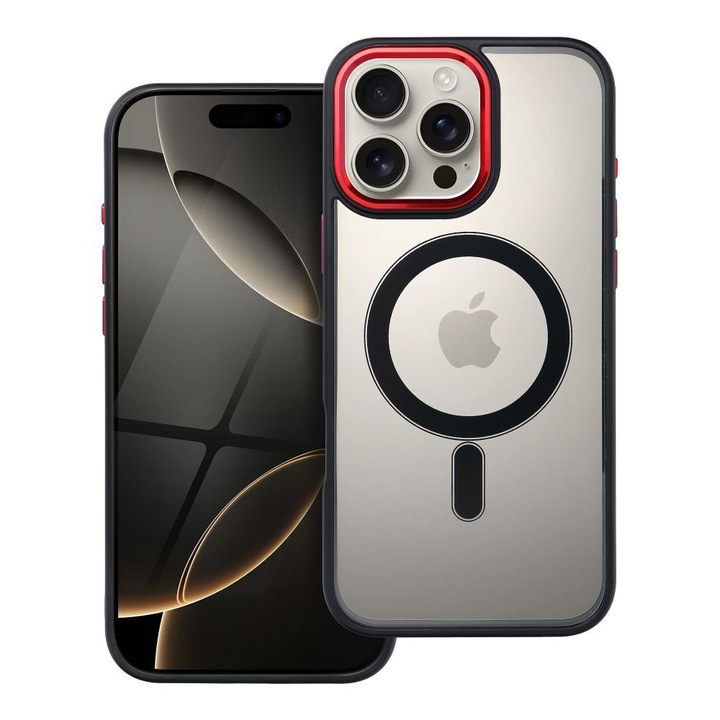 Husa pentru iPhone 16 Pro Daden Magcover Edge, Magsafe integrat, Calitate superioara, Antisoc, Protectie colturi, Transparenta cu margini Negre cu Rosu
