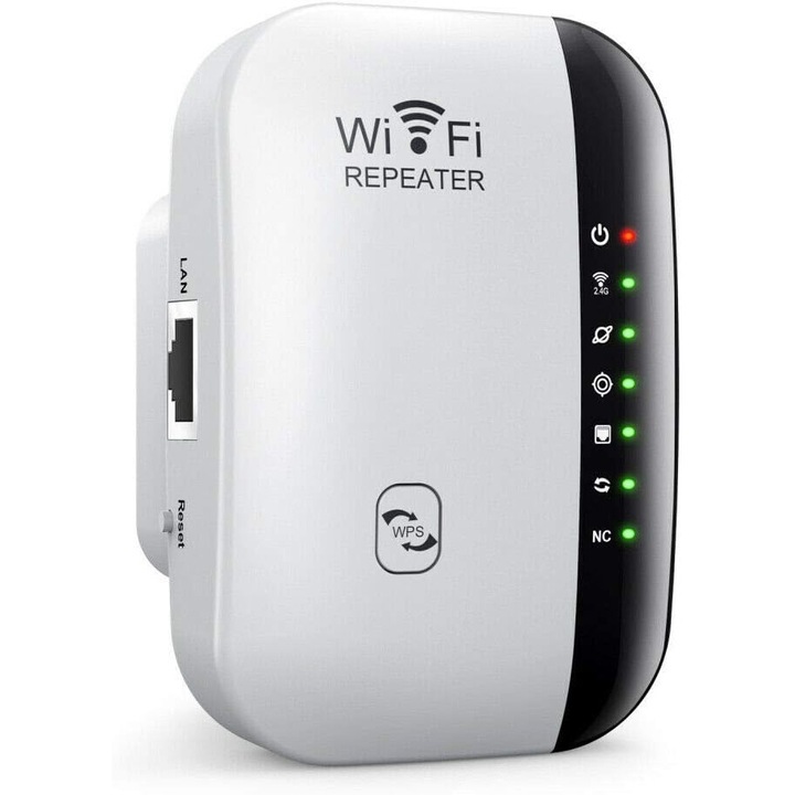 Range extender WI-FI, JENUOS®, 2.4G, 300Mbps, 802.11n, Port LAN, Suporta 2 moduri, Vine cu un cablu de retea RJ-45, Plug and Play, Usor de configurat si de utilizat, Compatibilitate larga, Alb/Negru