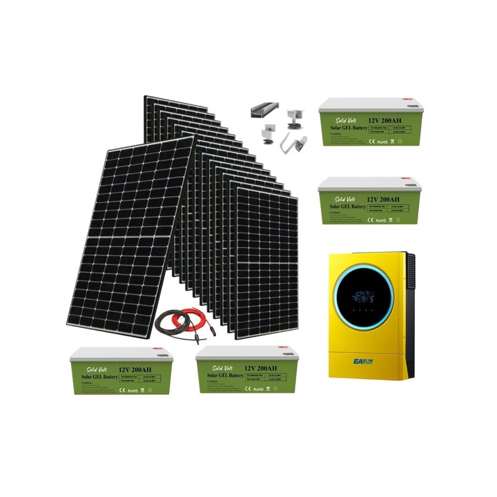 Sistem solar complet 5.7 KW instalat panouri fotovoltaice, baterii cu gel 200Ah si invertor HIBRID EASUN 5.6 KW continuu/11.2 KW varf pe 48V, panou solar, on grid /off grid, posibilitate injectie in reteaua nationala, casa, cabana, containere, Solid Volt