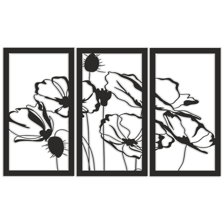 Tablou 3D triptic flori, panou traforat, decor de perete boho, maci, 56x96 cm